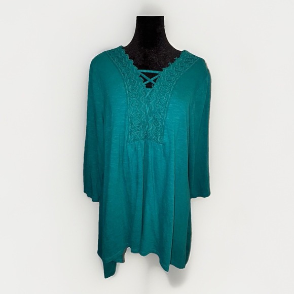 Chico's Tops - Chico's Lace Crocheted V-Neckline Tunic 3/4 Sleeve Womens Size Large Turquoise